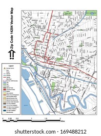 Vector map with summits, rivers, railroads, streets, lakes, parks, airports, stadiums, correctional facilities, military installations and federal lands by zip code 14204 with labels and clean layers.