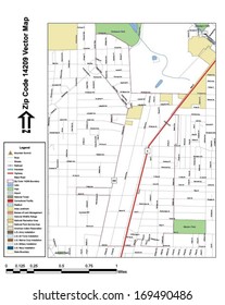 Vector map with summits, rivers, railroads, streets, lakes, parks, airports, stadiums, correctional facilities, military installations and federal lands by zip code 14209 with labels and clean layers.
