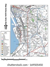 Vector map with summits, rivers, railroads, streets, lakes, parks, airports, stadiums, correctional facilities, military installations and federal lands by zip code 14218 with labels and clean layers.