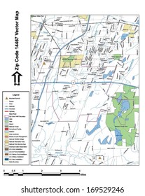 Vector map with summits, rivers, railroads, streets, lakes, parks, airports, stadiums, correctional facilities, military installations and federal lands by zip code 14467 with labels and clean layers.