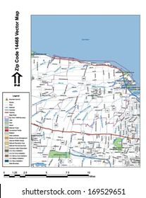 Vector map with summits, rivers, railroads, streets, lakes, parks, airports, stadiums, correctional facilities, military installations and federal lands by zip code 14468 with labels and clean layers.