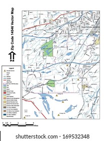 Vector map with summits, rivers, railroads, streets, lakes, parks, airports, stadiums, correctional facilities, military installations and federal lands by zip code 14546 with labels and clean layers.