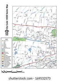 Vector map with summits, rivers, railroads, streets, lakes, parks, airports, stadiums, correctional facilities, military installations and federal lands by zip code 14559 with labels and clean layers.