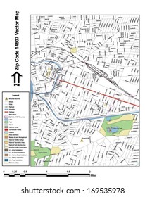 Vector map with summits, rivers, railroads, streets, lakes, parks, airports, stadiums, correctional facilities, military installations and federal lands by zip code 14607 with labels and clean layers.