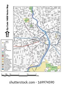 Vector map with summits, rivers, railroads, streets, lakes, parks, airports, stadiums, correctional facilities, military installations and federal lands by zip code 14608 with labels and clean layers.