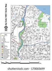 Vector map with summits, rivers, railroads, streets, lakes, parks, airports, stadiums, correctional facilities, military installations and federal lands by zip code 14621 with labels and clean layers.
