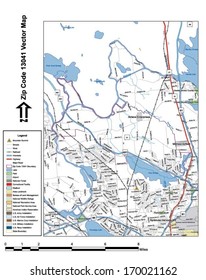 Vector map with summits, rivers, railroads, streets, lakes, parks, airports, stadiums, correctional facilities, military installations and federal lands by zip code 13041 with labels and clean layers.