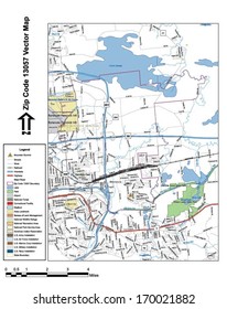 Vector map with summits, rivers, railroads, streets, lakes, parks, airports, stadiums, correctional facilities, military installations and federal lands by zip code 13057 with labels and clean layers.