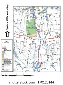 Vector map with summits, rivers, railroads, streets, lakes, parks, airports, stadiums, correctional facilities, military installations and federal lands by zip code 13084 with labels and clean layers.