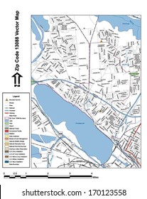 Vector map with summits, rivers, railroads, streets, lakes, parks, airports, stadiums, correctional facilities, military installations and federal lands by zip code 13088 with labels and clean layers.