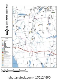 Vector map with summits, rivers, railroads, streets, lakes, parks, airports, stadiums, correctional facilities, military installations and federal lands by zip code 13108 with labels and clean layers.