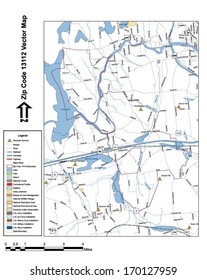 Vector map with summits, rivers, railroads, streets, lakes, parks, airports, stadiums, correctional facilities, military installations and federal lands by zip code 13112 with labels and clean layers.