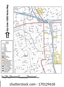 Vector map with summits, rivers, railroads, streets, lakes, parks, airports, stadiums, correctional facilities, military installations and federal lands by zip code 13202 with labels and clean layers.