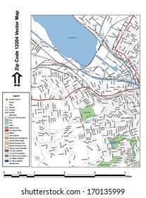 Vector map with summits, rivers, railroads, streets, lakes, parks, airports, stadiums, correctional facilities, military installations and federal lands by zip code 13204 with labels and clean layers.