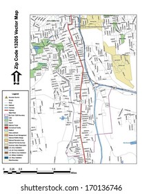 Vector map with summits, rivers, railroads, streets, lakes, parks, airports, stadiums, correctional facilities, military installations and federal lands by zip code 13205 with labels and clean layers.