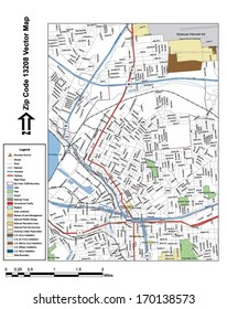 Vector map with summits, rivers, railroads, streets, lakes, parks, airports, stadiums, correctional facilities, military installations and federal lands by zip code 13208 with labels and clean layers.