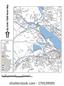 Vector map with summits, rivers, railroads, streets, lakes, parks, airports, stadiums, correctional facilities, military installations and federal lands by zip code 13209 with labels and clean layers.