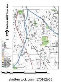Vector map with summits, rivers, railroads, streets, lakes, parks, airports, stadiums, correctional facilities, military installations and federal lands by zip code 44056 with labels and clean layers.