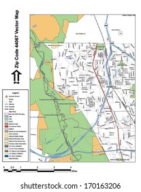 Vector map with summits, rivers, railroads, streets, lakes, parks, airports, stadiums, correctional facilities, military installations and federal lands by zip code 44067 with labels and clean layers.