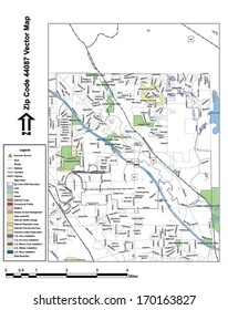 Vector map with summits, rivers, railroads, streets, lakes, parks, airports, stadiums, correctional facilities, military installations and federal lands by zip code 44087 with labels and clean layers.