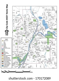 Vector map with summits, rivers, railroads, streets, lakes, parks, airports, stadiums, correctional facilities, military installations and federal lands by zip code 44221 with labels and clean layers.