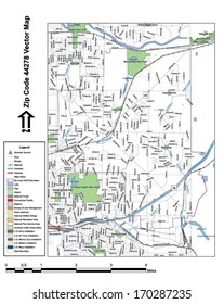 Vector map with summits, rivers, railroads, streets, lakes, parks, airports, stadiums, correctional facilities, military installations and federal lands by zip code 44278 with labels and clean layers.