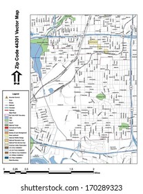 Vector map with summits, rivers, railroads, streets, lakes, parks, airports, stadiums, correctional facilities, military installations and federal lands by zip code 44301 with labels and clean layers.
