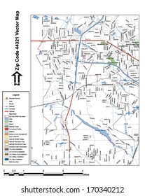 Vector map with summits, rivers, railroads, streets, lakes, parks, airports, stadiums, correctional facilities, military installations and federal lands by zip code 44321 with labels and clean layers.