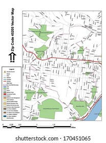 Vector map with summits, rivers, railroads, streets, lakes, parks, airports, stadiums, correctional facilities, military installations and federal lands by zip code 45205 with labels and clean layers.