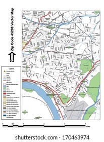 Vector map with summits, rivers, railroads, streets, lakes, parks, airports, stadiums, correctional facilities, military installations and federal lands by zip code 45208 with labels and clean layers.