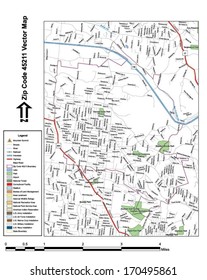 Vector map with summits, rivers, railroads, streets, lakes, parks, airports, stadiums, correctional facilities, military installations and federal lands by zip code 45211 with labels and clean layers.