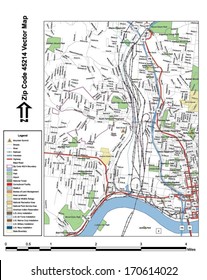 Vector map with summits, rivers, railroads, streets, lakes, parks, airports, stadiums, correctional facilities, military installations and federal lands by zip code 45214 with labels and clean layers.