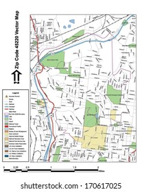Vector map with summits, rivers, railroads, streets, lakes, parks, airports, stadiums, correctional facilities, military installations and federal lands by zip code 45220 with labels and clean layers.