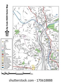 Vector map with summits, rivers, railroads, streets, lakes, parks, airports, stadiums, correctional facilities, military installations and federal lands by zip code 45225 with labels and clean layers.
