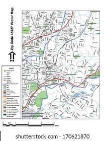 Vector map with summits, rivers, railroads, streets, lakes, parks, airports, stadiums, correctional facilities, military installations and federal lands by zip code 45227 with labels and clean layers.