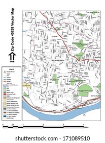 Vector map with summits, rivers, railroads, streets, lakes, parks, airports, stadiums, correctional facilities, military installations and federal lands by zip code 45238 with labels and clean layers.