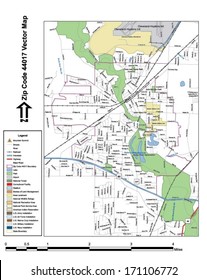 Vector map with summits, rivers, railroads, streets, lakes, parks, airports, stadiums, correctional facilities, military installations and federal lands by zip code 44017 with labels and clean layers.