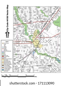 Vector map with summits, rivers, railroads, streets, lakes, parks, airports, stadiums, correctional facilities, military installations and federal lands by zip code 44106 with labels and clean layers.