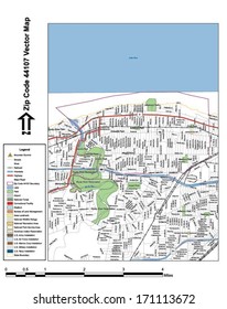 Vector map with summits, rivers, railroads, streets, lakes, parks, airports, stadiums, correctional facilities, military installations and federal lands by zip code 44107 with labels and clean layers.