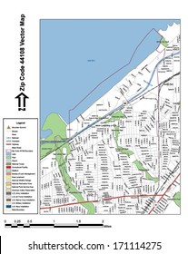 Vector map with summits, rivers, railroads, streets, lakes, parks, airports, stadiums, correctional facilities, military installations and federal lands by zip code 44108 with labels and clean layers.