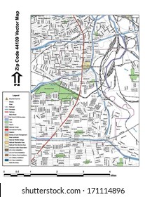 Vector map with summits, rivers, railroads, streets, lakes, parks, airports, stadiums, correctional facilities, military installations and federal lands by zip code 44109 with labels and clean layers.
