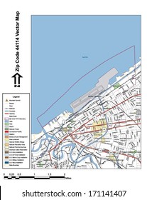 Vector map with summits, rivers, railroads, streets, lakes, parks, airports, stadiums, correctional facilities, military installations and federal lands by zip code 44114 with labels and clean layers.