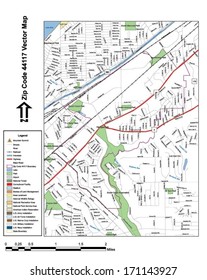 Vector map with summits, rivers, railroads, streets, lakes, parks, airports, stadiums, correctional facilities, military installations and federal lands by zip code 44117 with labels and clean layers.
