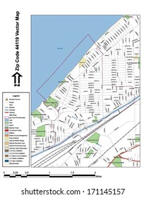 Vector map with summits, rivers, railroads, streets, lakes, parks, airports, stadiums, correctional facilities, military installations and federal lands by zip code 44119 with labels and clean layers.