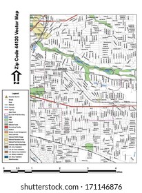 Vector map with summits, rivers, railroads, streets, lakes, parks, airports, stadiums, correctional facilities, military installations and federal lands by zip code 44120 with labels and clean layers.