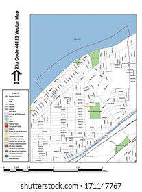 Vector map with summits, rivers, railroads, streets, lakes, parks, airports, stadiums, correctional facilities, military installations and federal lands by zip code 44123 with labels and clean layers.