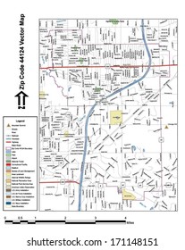 Vector map with summits, rivers, railroads, streets, lakes, parks, airports, stadiums, correctional facilities, military installations and federal lands by zip code 44124 with labels and clean layers.