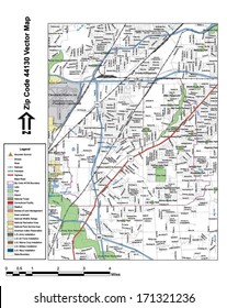 Vector map with summits, rivers, railroads, streets, lakes, parks, airports, stadiums, correctional facilities, military installations and federal lands by zip code 44130 with labels and clean layers.