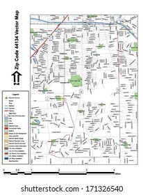 Vector map with summits, rivers, railroads, streets, lakes, parks, airports, stadiums, correctional facilities, military installations and federal lands by zip code 44134 with labels and clean layers.