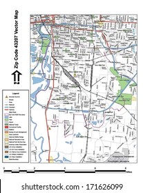 Vector map with summits, rivers, railroads, streets, lakes, parks, airports, stadiums, correctional facilities, military installations and federal lands by zip code 43207 with labels and clean layers.
